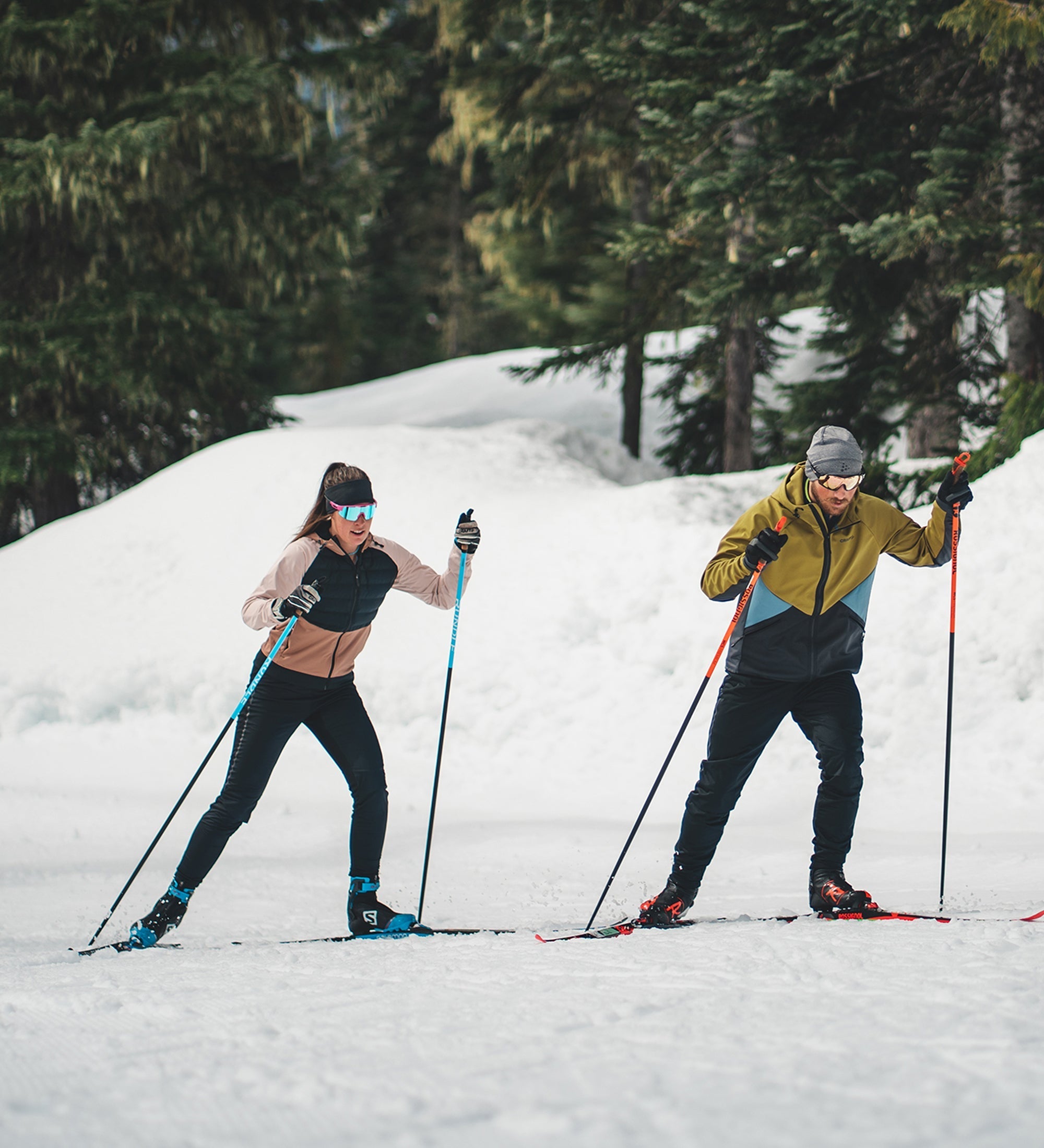 Des gens pratiquant le ski de fond avec une forêt en arrière-plan