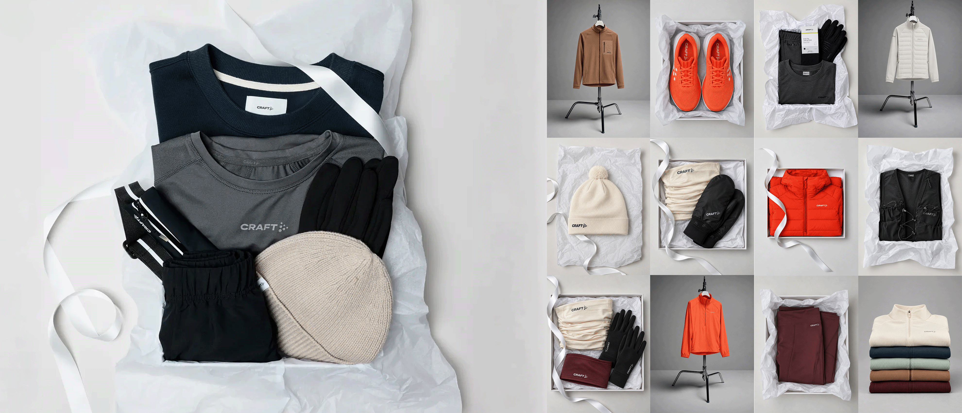 Rotating images of shirts, shoes, jackets and gift boxes.