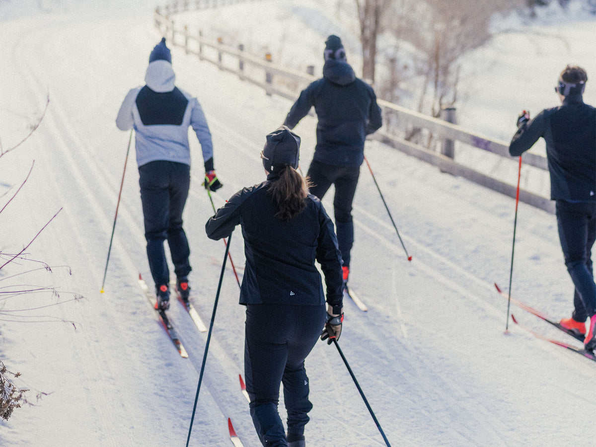 Four people cross-country skiing on a snowy path outdoors, viewed from behind. They are dressed in dark and light winter sports jackets and pants, using ski poles and skis on a sunlit winter trail.