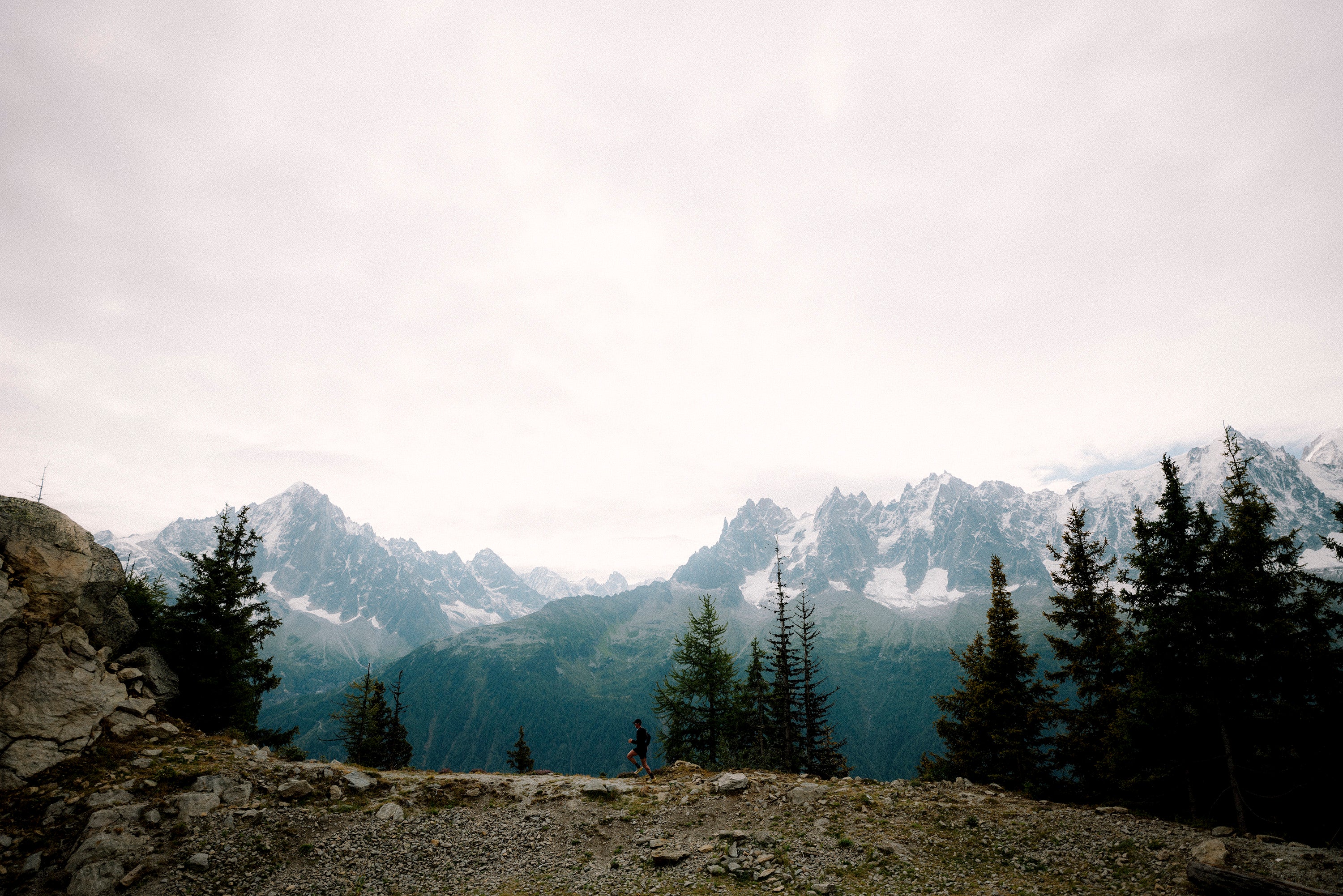 Person standing on a mountain with snow-capped peaks and trees in the background