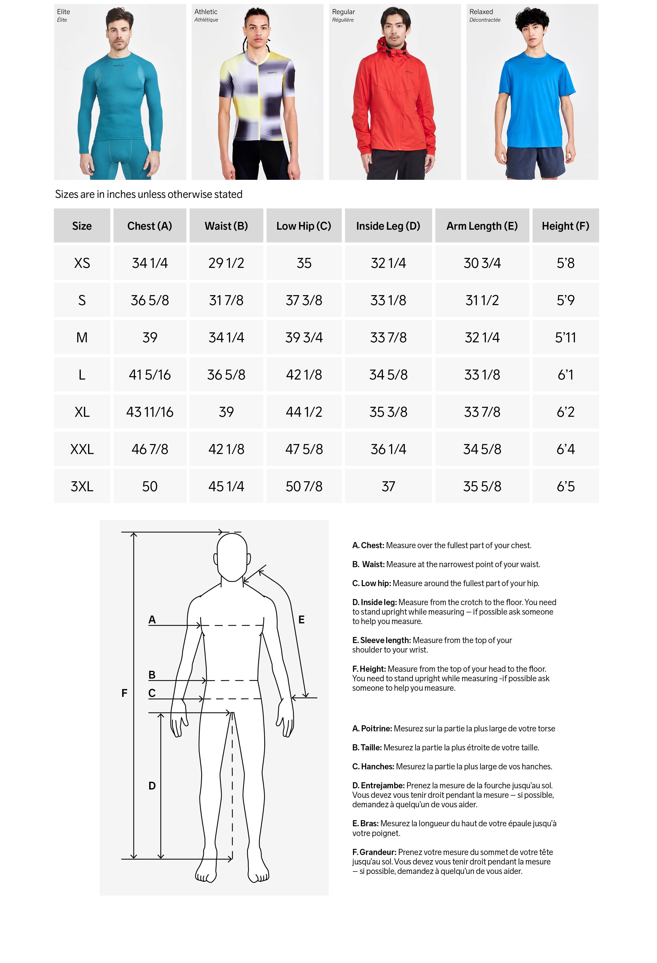 Size Guide Craft Sports Canada